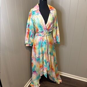 Elena Wang Women’s Small High Low Wrap Sundress with Plunge Neckline Waist Tie